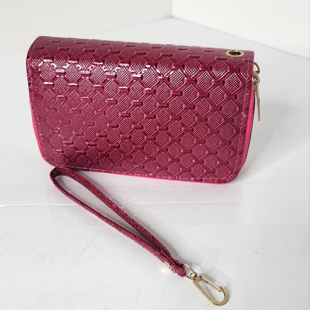 Woman's Multi Department Dark Pink Textured Small Double Zip Around Wallet - Picture 6 of 13